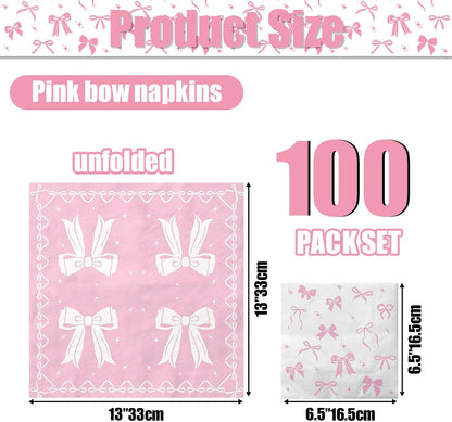 100 Pcs Pink Bow Napkins, Coquette Theme Party Napkins for Pink Bow Birthday Decorations Baby Shower Bridal Coquette Birthday Decorations