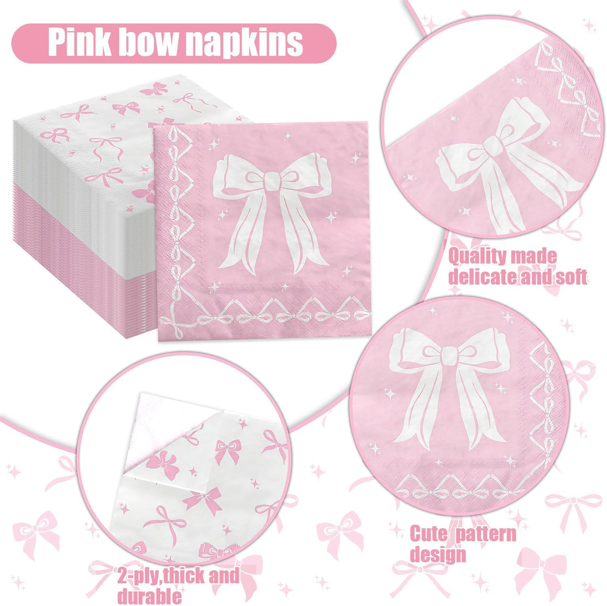 100 Pcs Pink Bow Napkins, Coquette Theme Party Napkins for Pink Bow Birthday Decorations Baby Shower Bridal Coquette Birthday Decorations