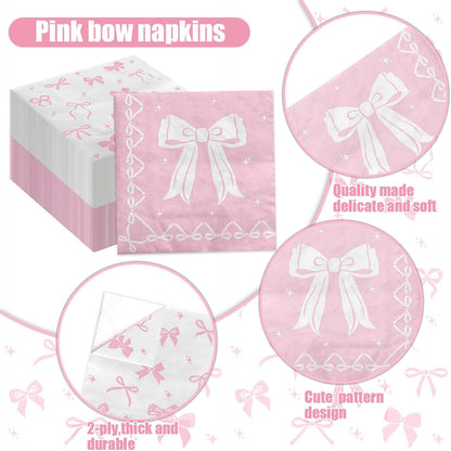 100 Pcs Pink Bow Napkins, Coquette Theme Party Napkins for Pink Bow Birthday Decorations Baby Shower Bridal Coquette Birthday Decorations