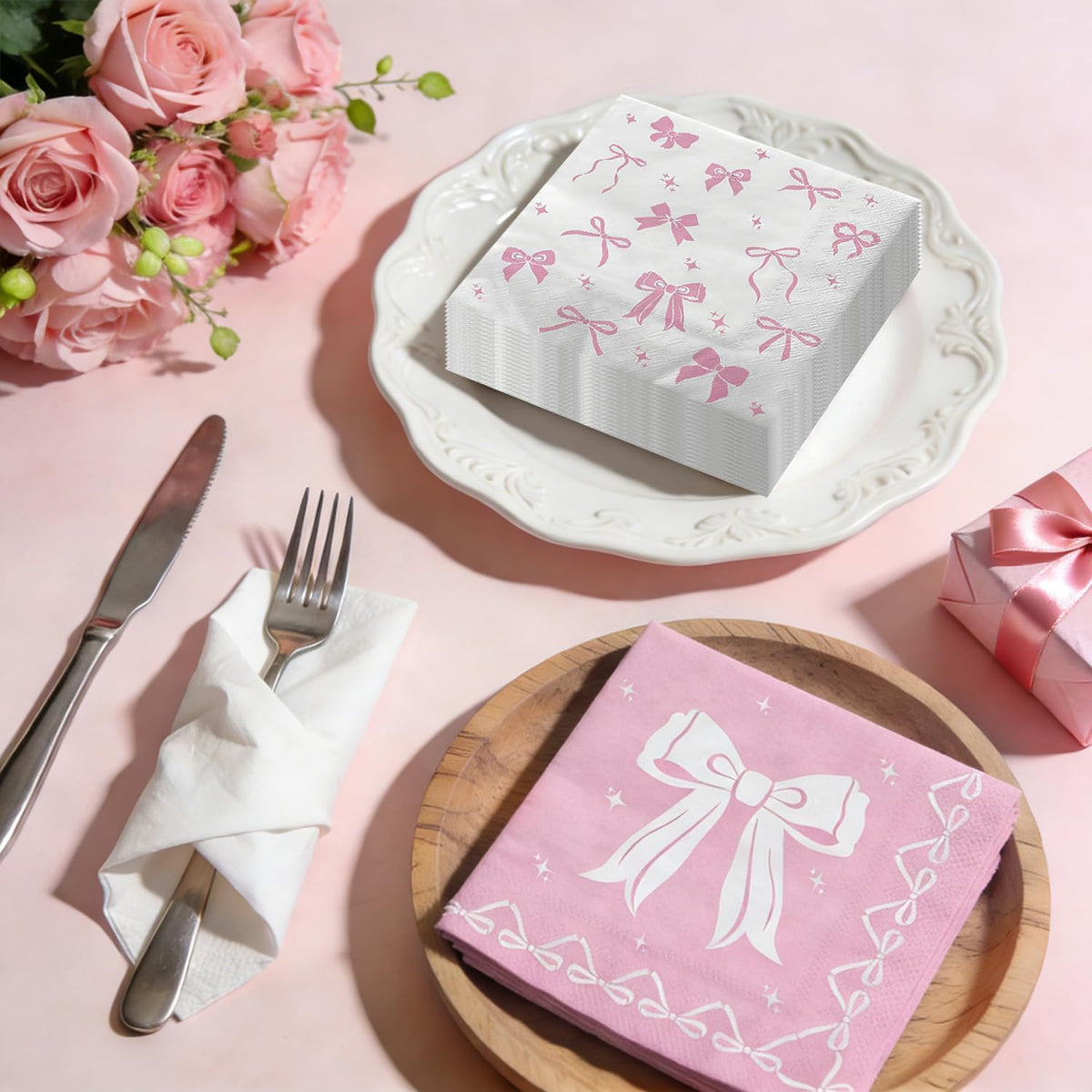 100 Pcs Pink Bow Napkins, Coquette Theme Party Napkins for Pink Bow Birthday Decorations Baby Shower Bridal Coquette Birthday Decorations