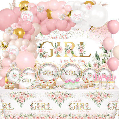 Baby Shower Decorations for Girl 278 Pcs Floral Plates Set Serve 24