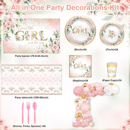 Baby Shower Decorations for Girl 278 Pcs Floral Plates Set Serve 24