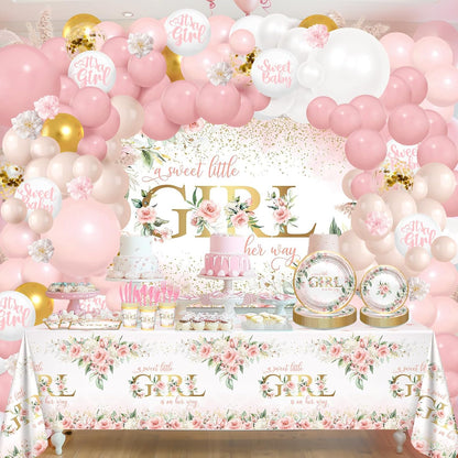 Baby Shower Decorations for Girl 278 Pcs Floral Plates Set Serve 24