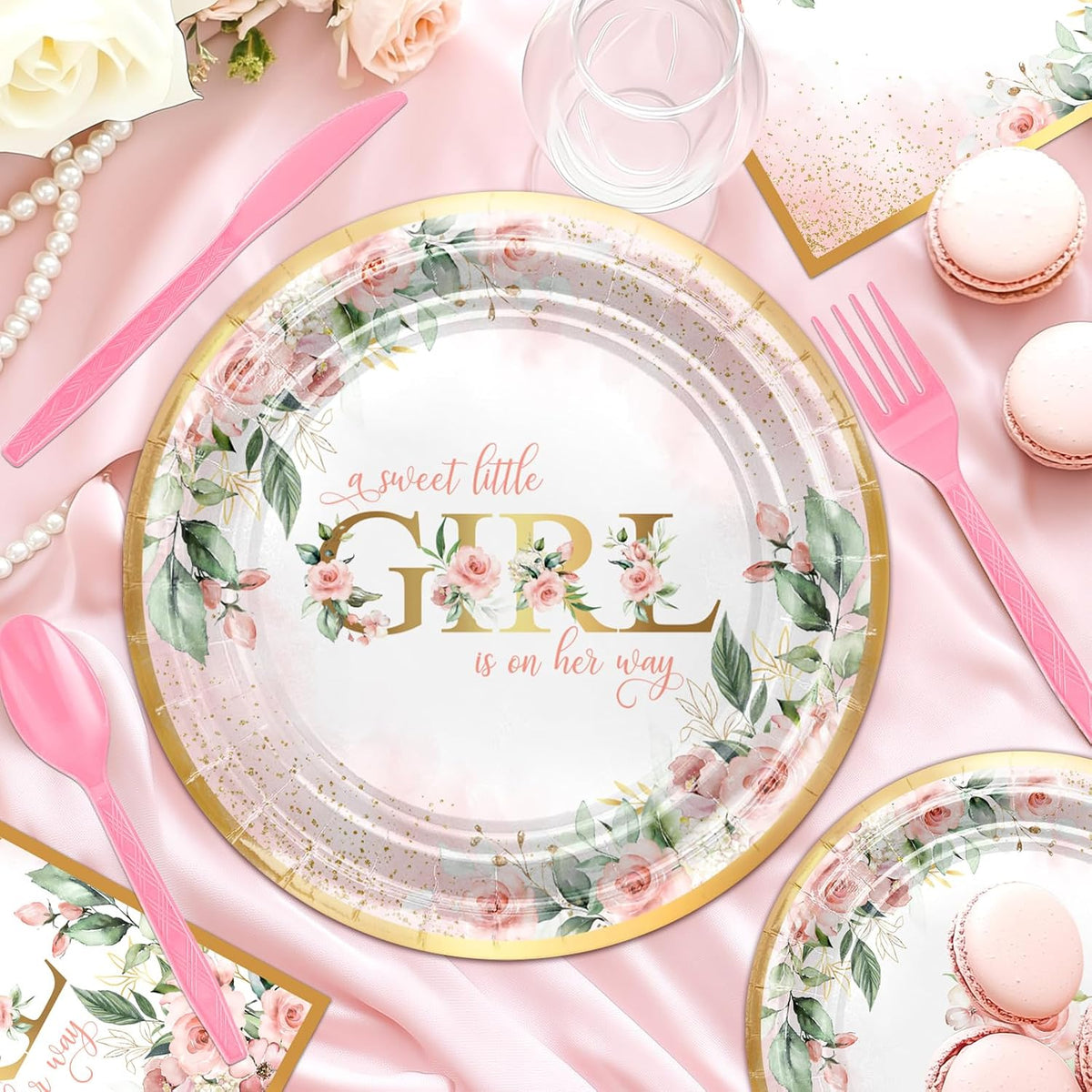 Baby Shower Decorations for Girl 278 Pcs Floral Plates Set Serve 24
