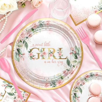 Baby Shower Decorations for Girl 278 Pcs Floral Plates Set Serve 24