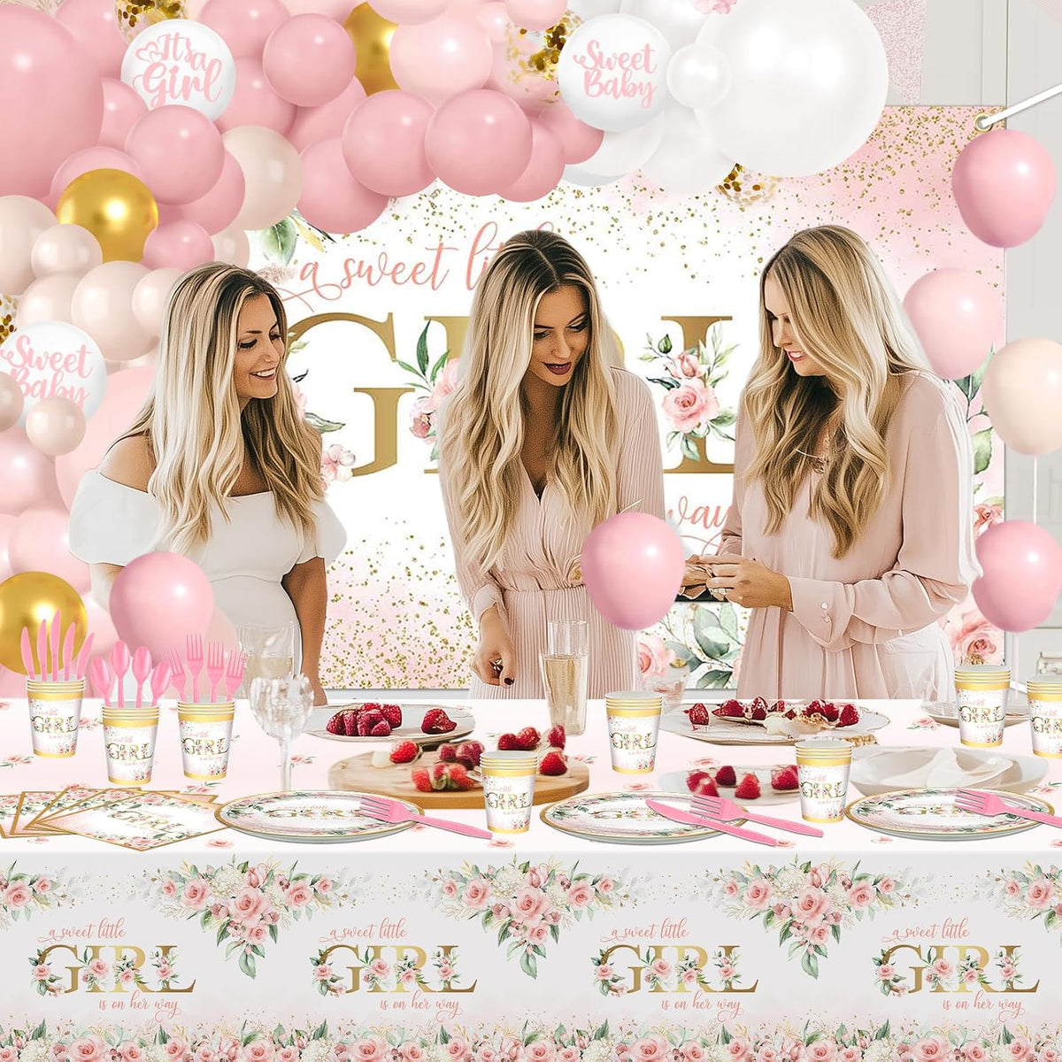 Baby Shower Decorations for Girl 278 Pcs Floral Plates Set Serve 24