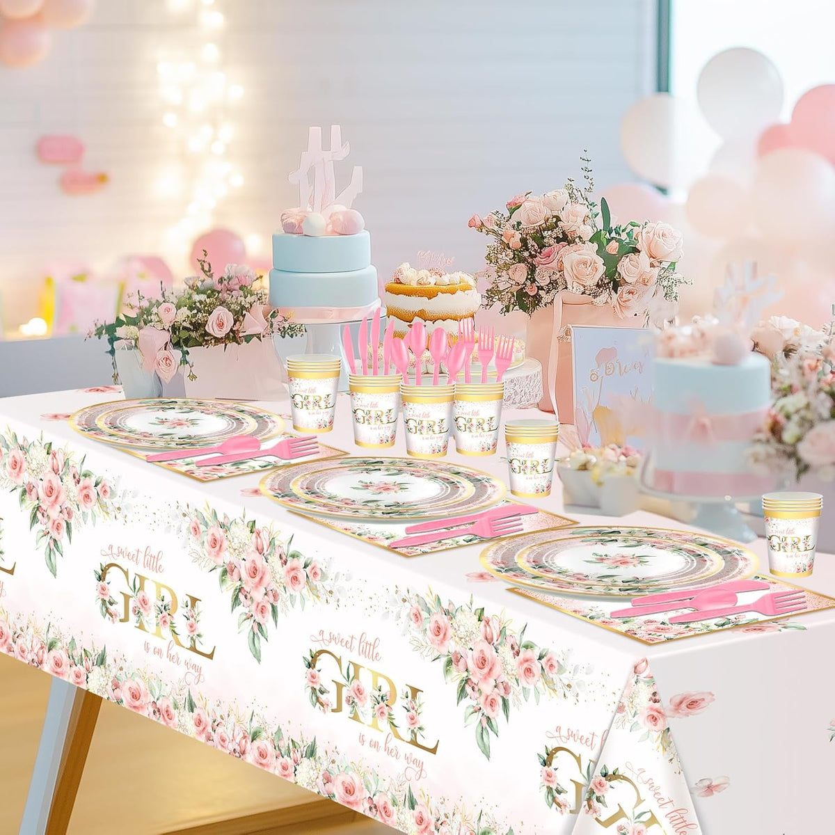 Baby Shower Decorations for Girl 278 Pcs Floral Plates Set Serve 24