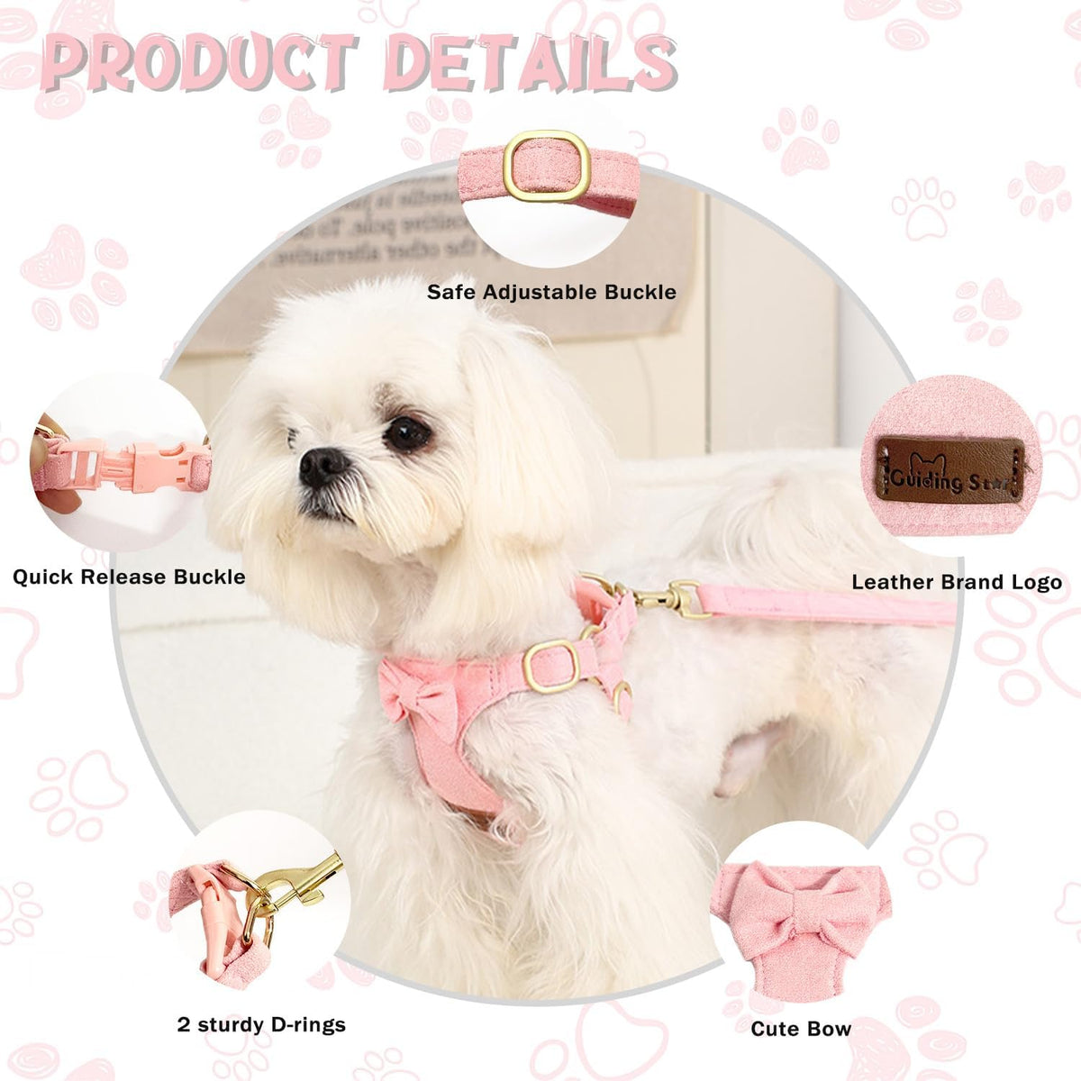 Dog Harness Small Sized Dog with Multifunction Leash, No Pull Puppy Dog Harness and Leash Set Training, Cute Soft Adjustable Dog Walking Harness Pet Vest Harness (Pink-XXS)