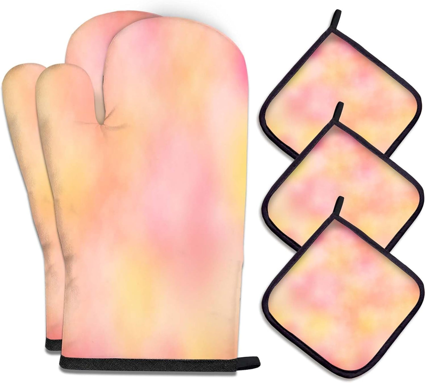 5 Pcs Tie-dye Yellow Oven Mitts and Pot Holders Sets, Pink Oven Gloves and Hot Pads for Kitchen Cooking, Abstract Modern Art Oven Mitt Potholder is Both Functional and Decorative