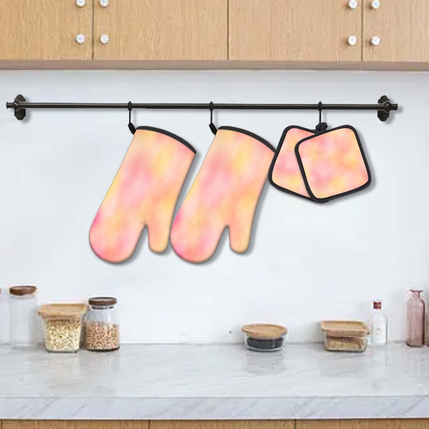 5 Pcs Tie-dye Yellow Oven Mitts and Pot Holders Sets, Pink Oven Gloves and Hot Pads for Kitchen Cooking, Abstract Modern Art Oven Mitt Potholder is Both Functional and Decorative