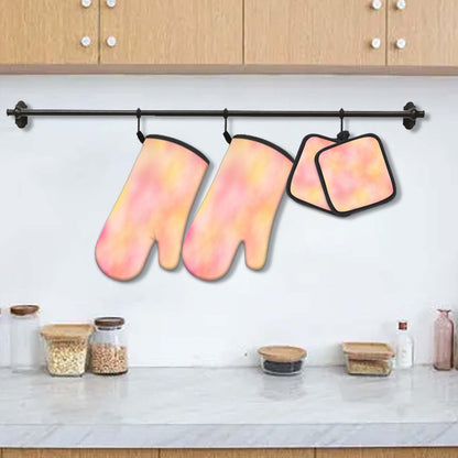 5 Pcs Tie-dye Yellow Oven Mitts and Pot Holders Sets, Pink Oven Gloves and Hot Pads for Kitchen Cooking, Abstract Modern Art Oven Mitt Potholder is Both Functional and Decorative