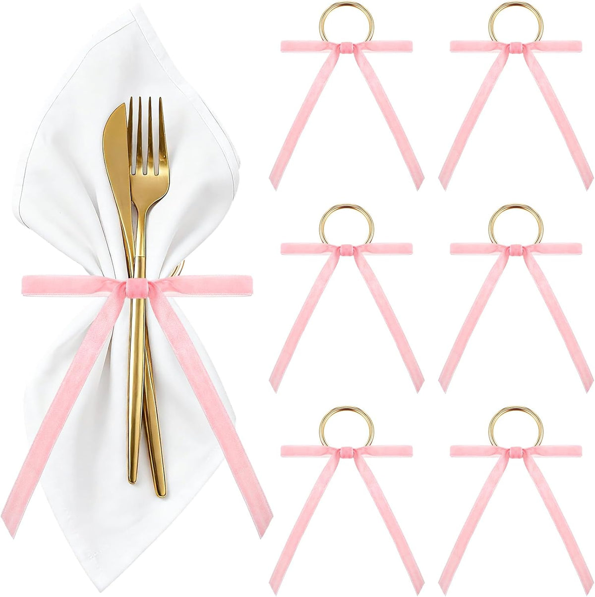 Riceshoot 6 Pcs Velvet Bow Napkin Rings, Christmas Napkin Rings,Pink