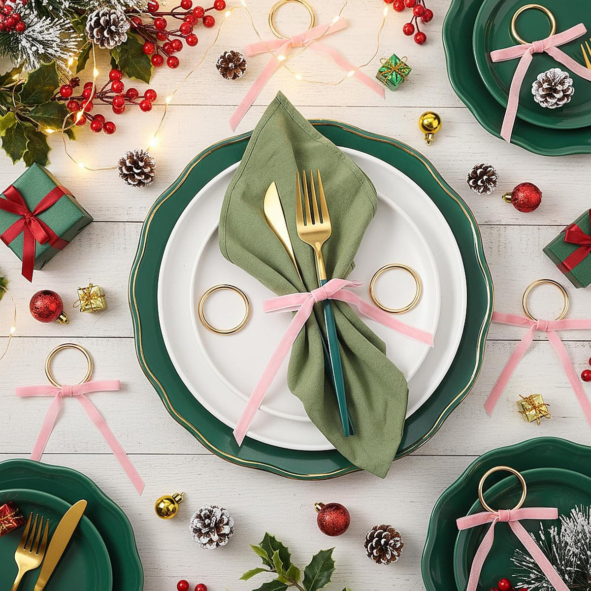 Riceshoot 6 Pcs Velvet Bow Napkin Rings, Christmas Napkin Rings,Pink