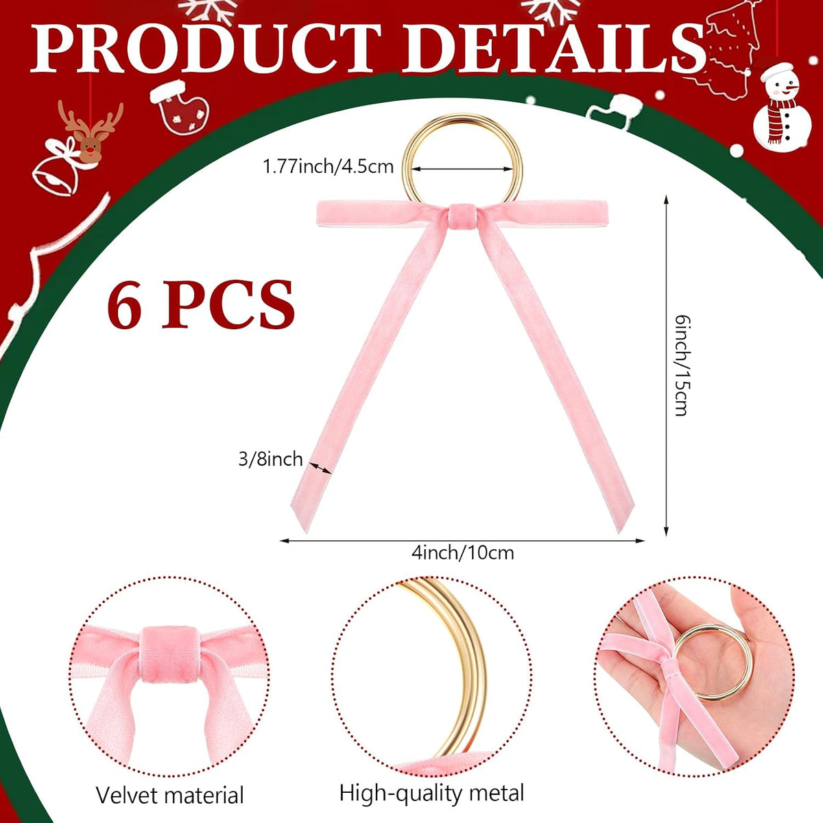 Riceshoot 6 Pcs Velvet Bow Napkin Rings, Christmas Napkin Rings,Pink
