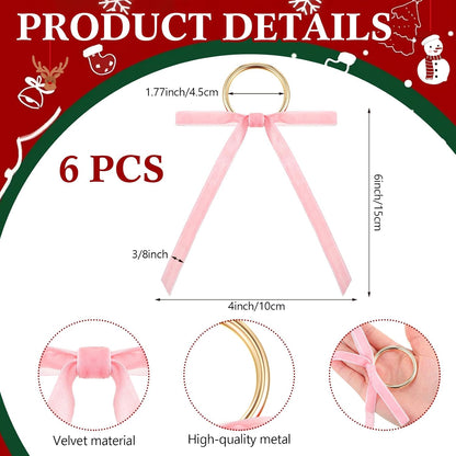 Riceshoot 6 Pcs Velvet Bow Napkin Rings, Christmas Napkin Rings,Pink