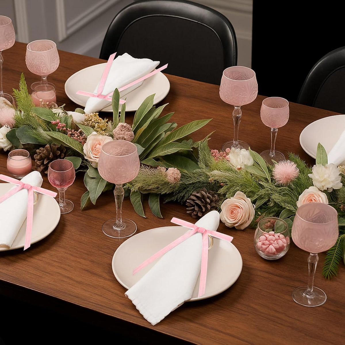 Riceshoot 6 Pcs Velvet Bow Napkin Rings, Christmas Napkin Rings,Pink