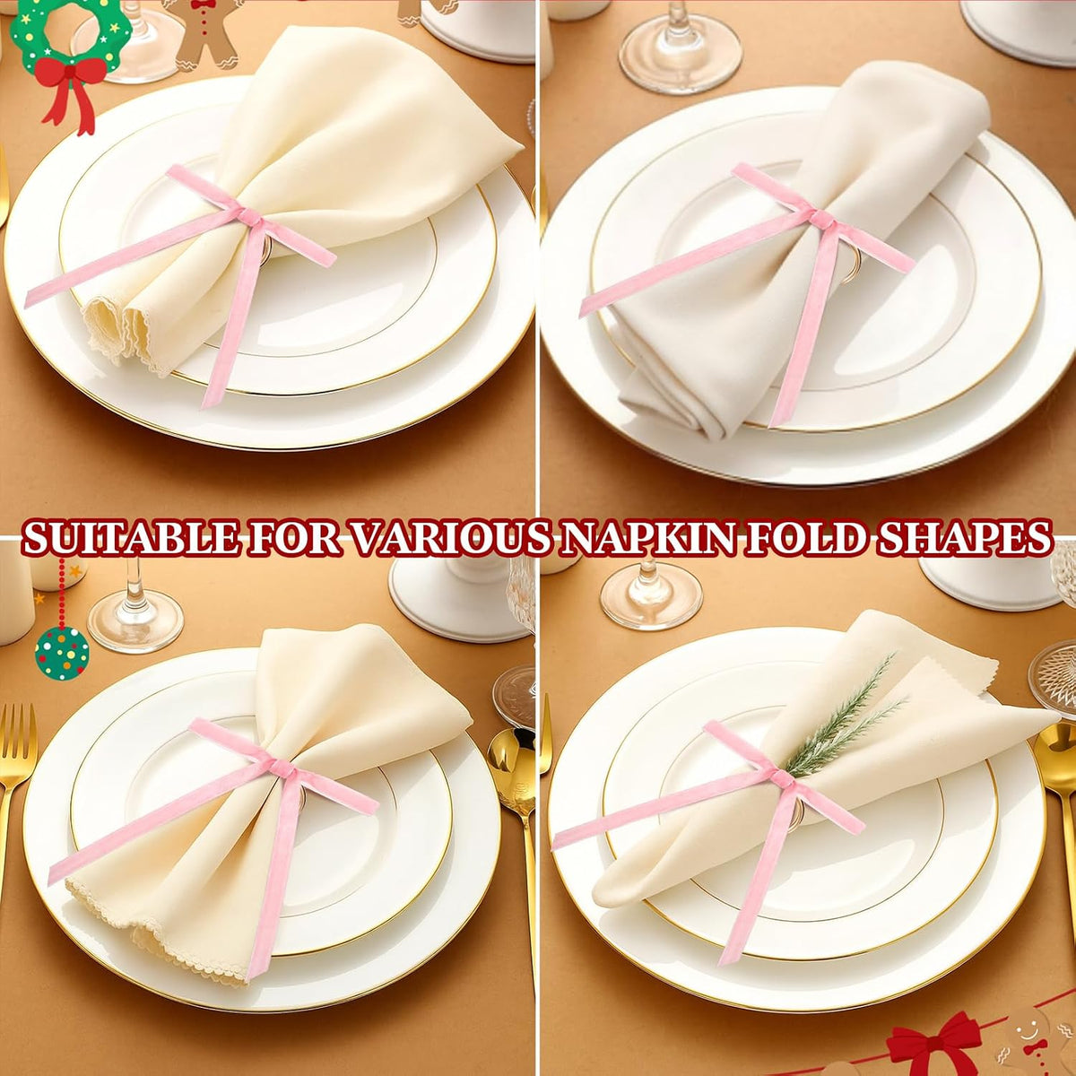 Riceshoot 6 Pcs Velvet Bow Napkin Rings, Christmas Napkin Rings,Pink