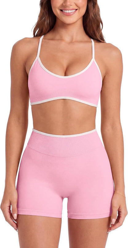 ABOCIW Womens Two Piece Workout Sets Color Block Sports Bra Seamless Hidden Scrunc Butt Lifting Biker Shorts Gym Set