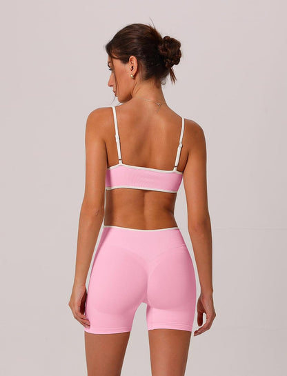 ABOCIW Womens Two Piece Workout Sets Color Block Sports Bra Seamless Hidden Scrunc Butt Lifting Biker Shorts Gym Set