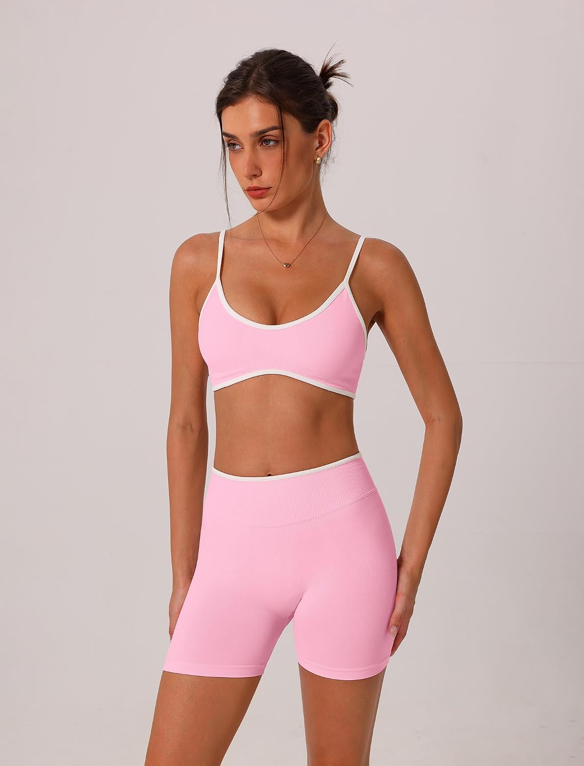 ABOCIW Womens Two Piece Workout Sets Color Block Sports Bra Seamless Hidden Scrunc Butt Lifting Biker Shorts Gym Set