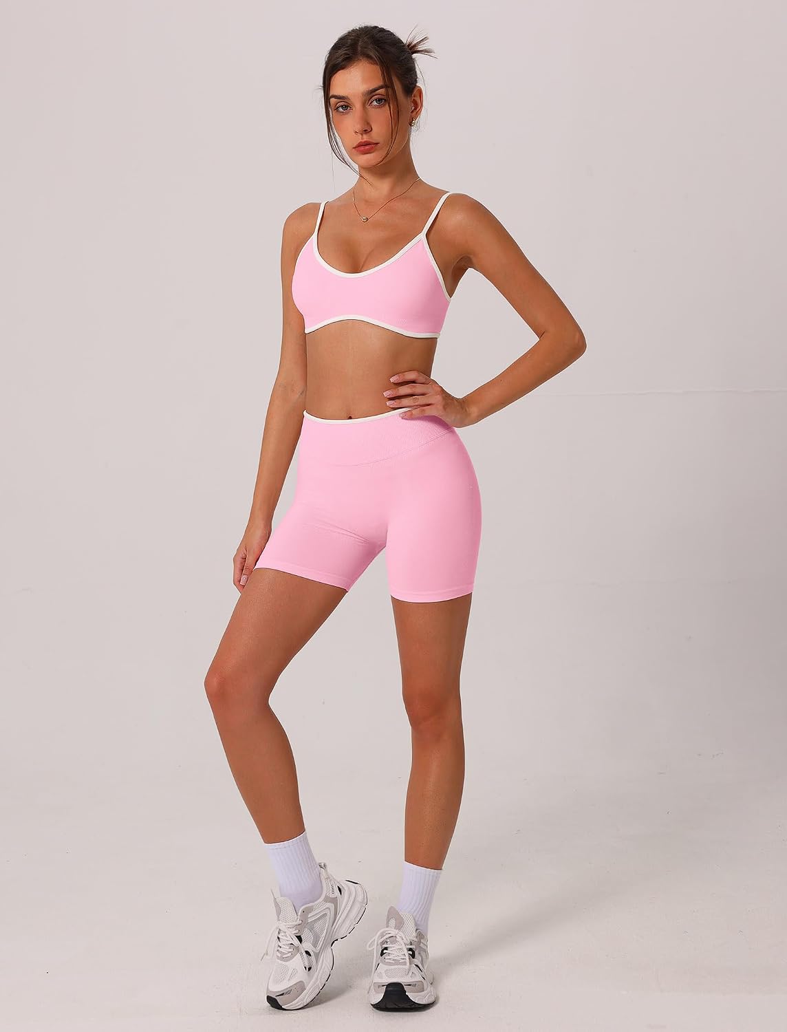 ABOCIW Womens Two Piece Workout Sets Color Block Sports Bra Seamless Hidden Scrunc Butt Lifting Biker Shorts Gym Set