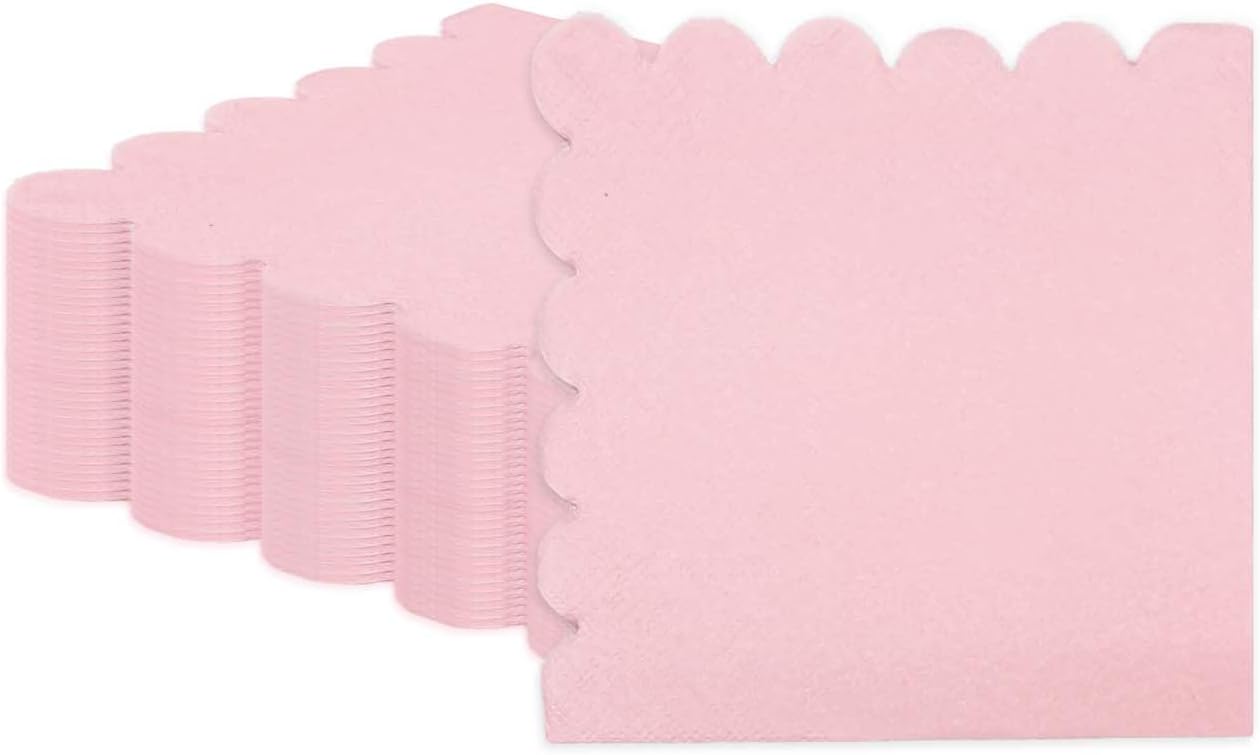 50 Pieces 2-ply Light Pink Napkin Disposable Scalloped Cocktail Napkins Beverage Napkins Dessert Napkins Paper Napkins for Wedding Birthday Party Paper Dinner Napkins
