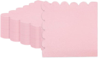 50 Pieces 2-ply Light Pink Napkin Disposable Scalloped Cocktail Napkins Beverage Napkins Dessert Napkins Paper Napkins for Wedding Birthday Party Paper Dinner Napkins
