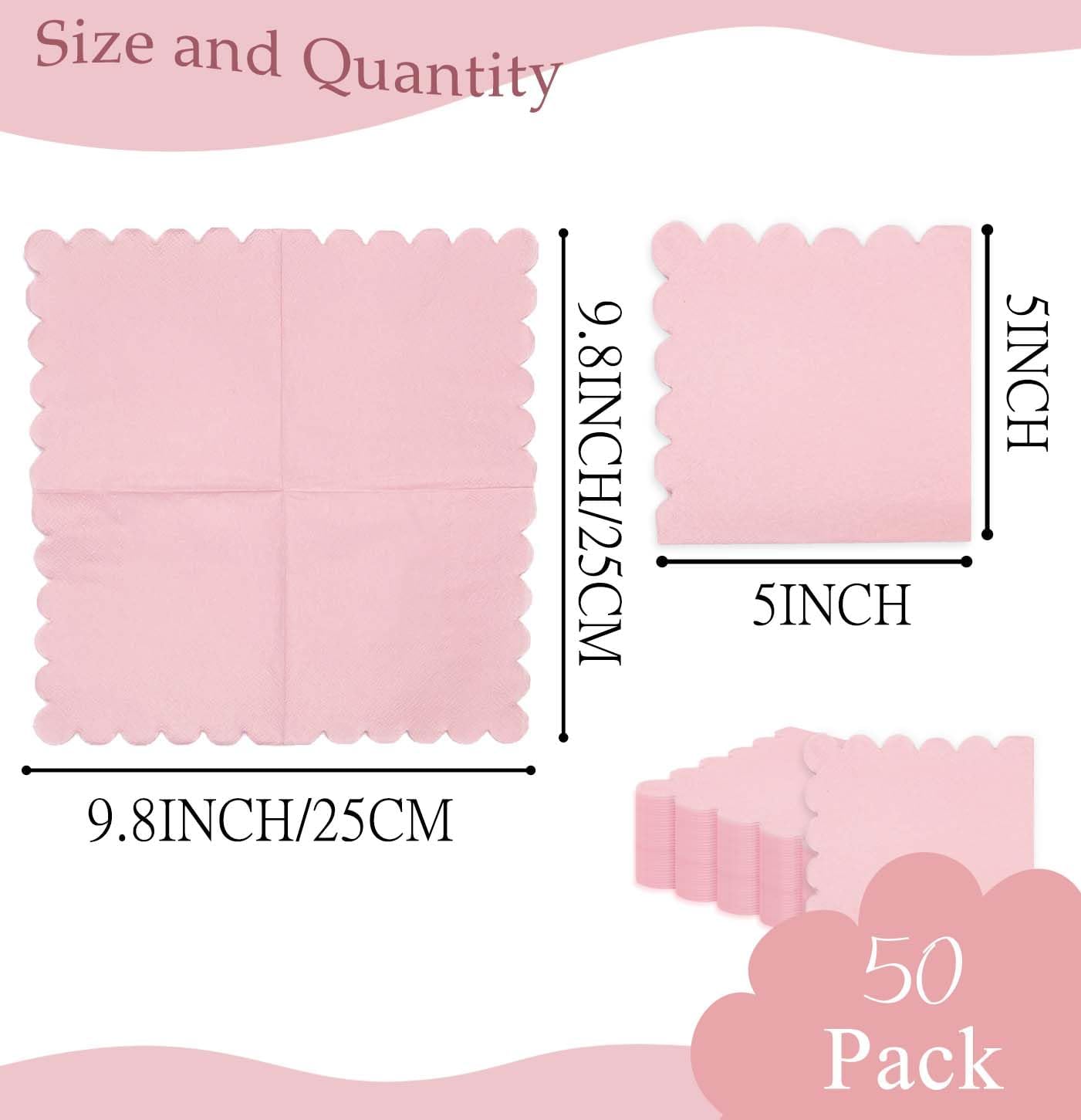 50 Pieces 2-ply Light Pink Napkin Disposable Scalloped Cocktail Napkins Beverage Napkins Dessert Napkins Paper Napkins for Wedding Birthday Party Paper Dinner Napkins