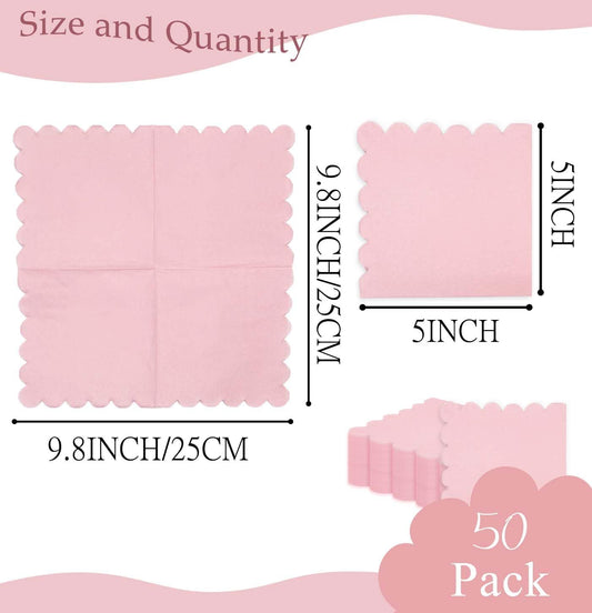 50 Pieces 2-ply Light Pink Napkin Disposable Scalloped Cocktail Napkins Beverage Napkins Dessert Napkins Paper Napkins for Wedding Birthday Party Paper Dinner Napkins