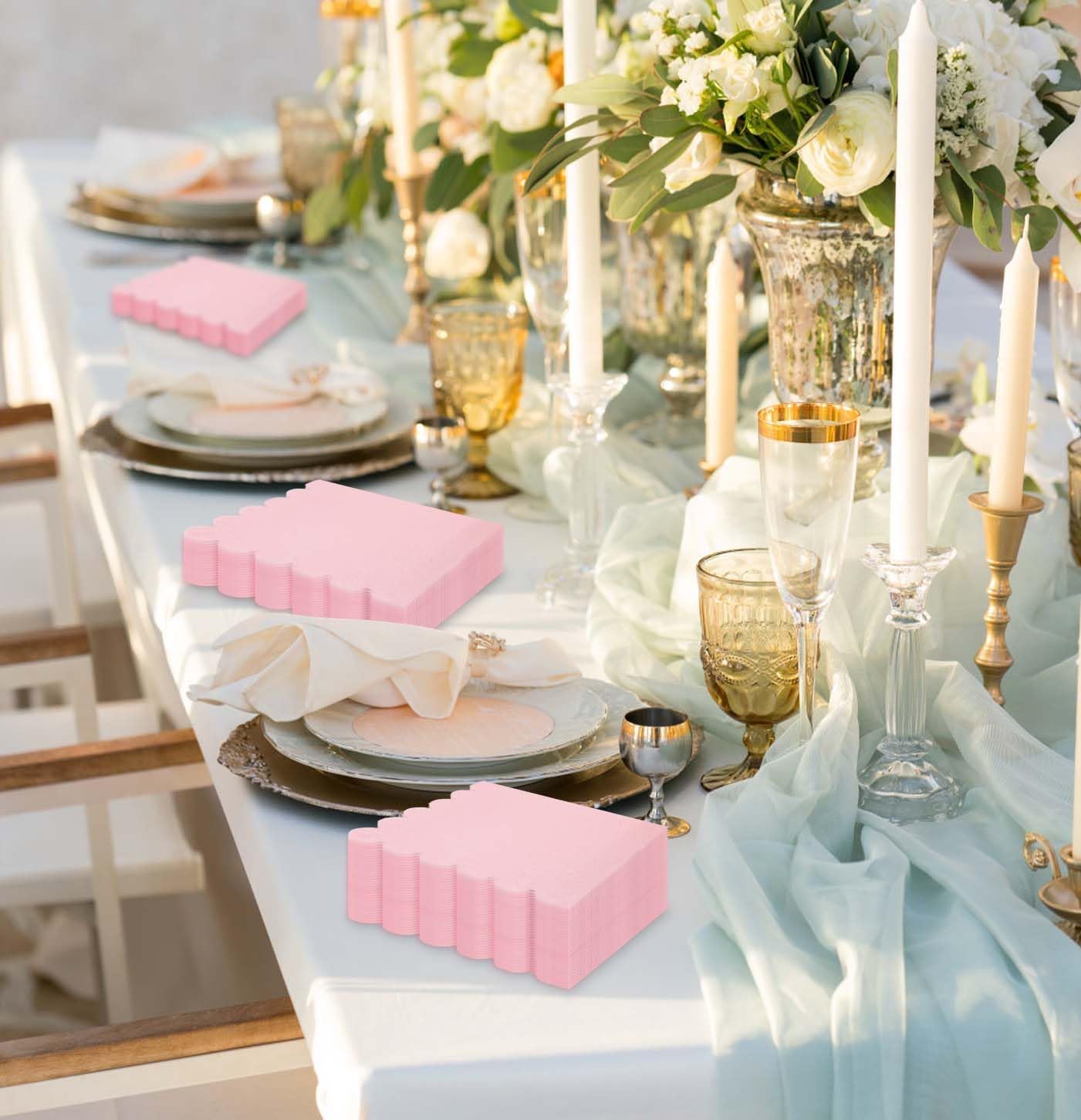 50 Pieces 2-ply Light Pink Napkin Disposable Scalloped Cocktail Napkins Beverage Napkins Dessert Napkins Paper Napkins for Wedding Birthday Party Paper Dinner Napkins