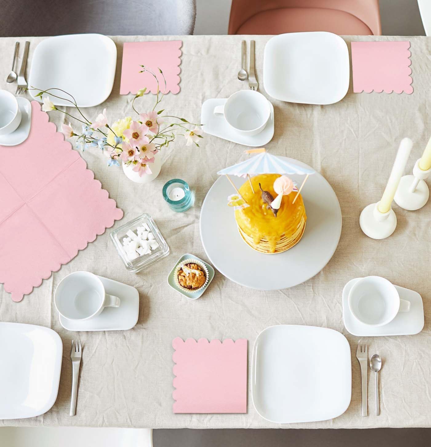 50 Pieces 2-ply Light Pink Napkin Disposable Scalloped Cocktail Napkins Beverage Napkins Dessert Napkins Paper Napkins for Wedding Birthday Party Paper Dinner Napkins