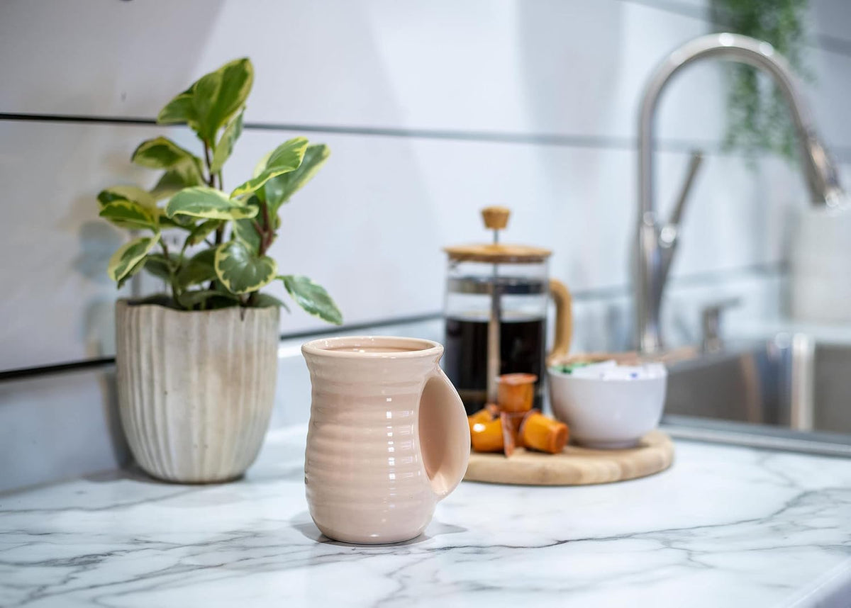 Ribbed 14 ounce Ceramic Stoneware Handwarmer Mug, Blush Pink