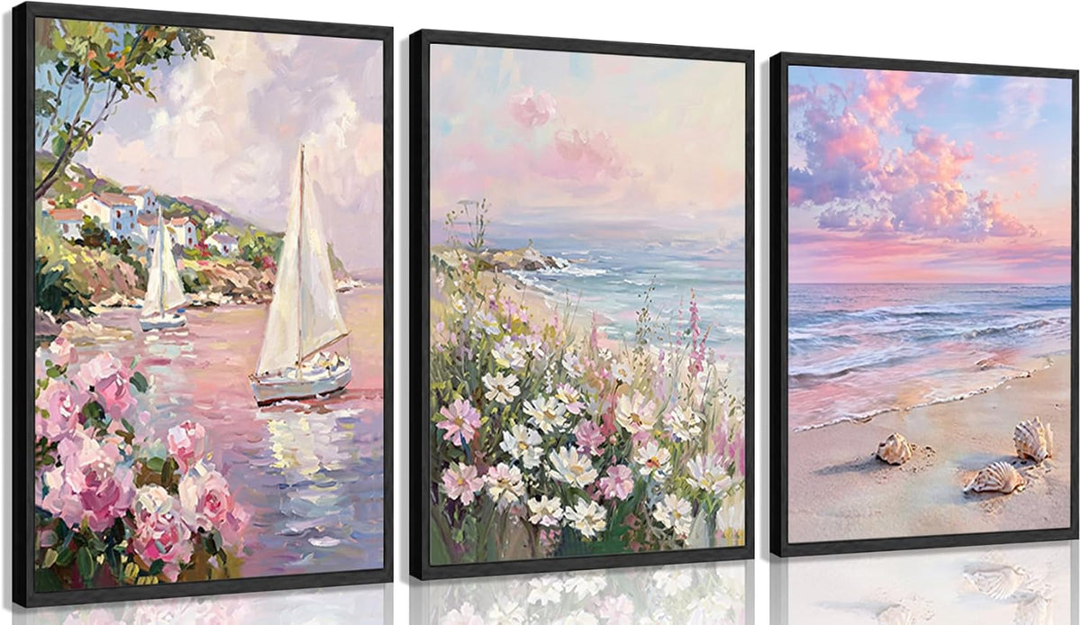 3Pcs 3D Textured Pastel Coastal Canvas Wall Art, Pink Beach Flower Posters Print Artwork, Preppy Summer Beach Painting Pictures Wall Decor, for Girls Dorm Apartment Home Decoration 12x16in Unframed