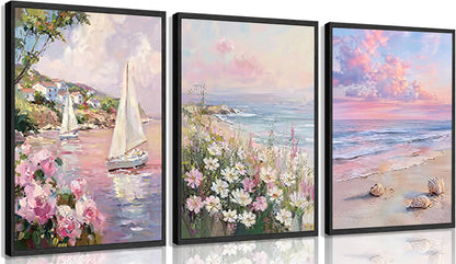 3Pcs 3D Textured Pastel Coastal Canvas Wall Art, Pink Beach Flower Posters Print Artwork, Preppy Summer Beach Painting Pictures Wall Decor, for Girls Dorm Apartment Home Decoration 12x16in Unframed