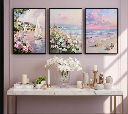 3Pcs 3D Textured Pastel Coastal Canvas Wall Art, Pink Beach Flower Posters Print Artwork, Preppy Summer Beach Painting Pictures Wall Decor, for Girls Dorm Apartment Home Decoration 12x16in Unframed