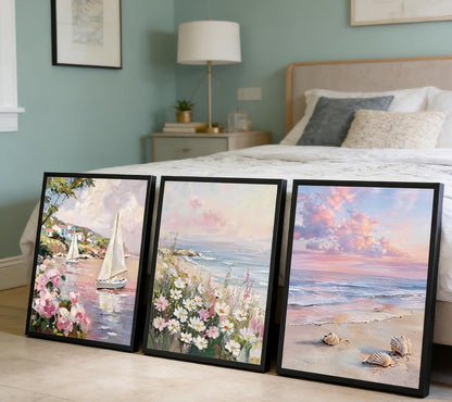 3Pcs 3D Textured Pastel Coastal Canvas Wall Art, Pink Beach Flower Posters Print Artwork, Preppy Summer Beach Painting Pictures Wall Decor, for Girls Dorm Apartment Home Decoration 12x16in Unframed
