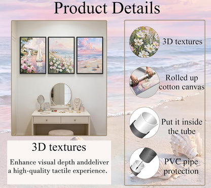 3Pcs 3D Textured Pastel Coastal Canvas Wall Art, Pink Beach Flower Posters Print Artwork, Preppy Summer Beach Painting Pictures Wall Decor, for Girls Dorm Apartment Home Decoration 12x16in Unframed