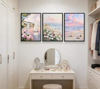 3Pcs 3D Textured Pastel Coastal Canvas Wall Art, Pink Beach Flower Posters Print Artwork, Preppy Summer Beach Painting Pictures Wall Decor, for Girls Dorm Apartment Home Decoration 12x16in Unframed