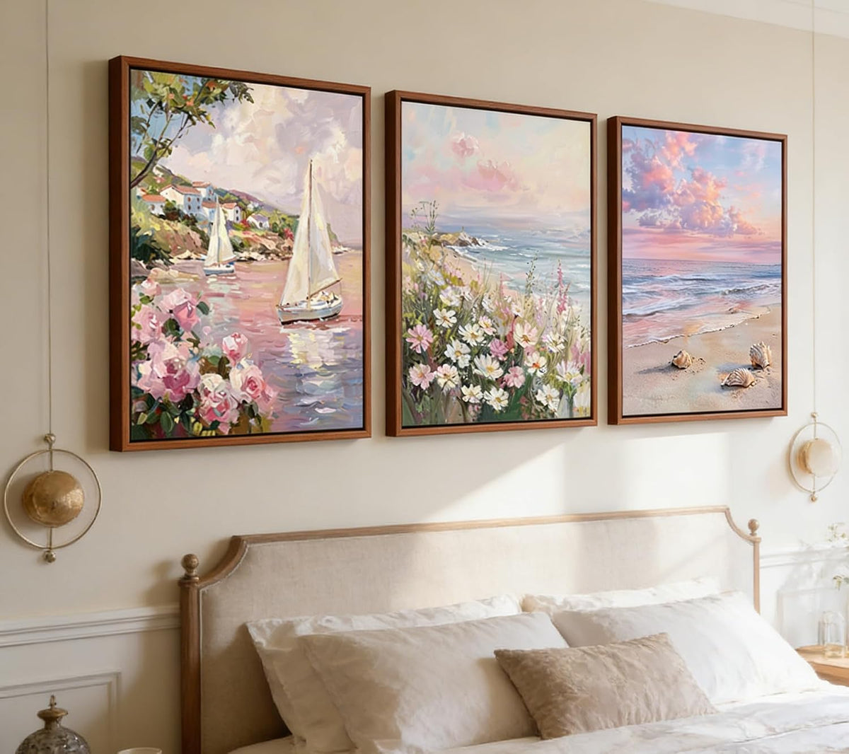 3Pcs 3D Textured Pastel Coastal Canvas Wall Art, Pink Beach Flower Posters Print Artwork, Preppy Summer Beach Painting Pictures Wall Decor, for Girls Dorm Apartment Home Decoration 12x16in Unframed