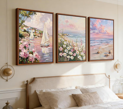 3Pcs 3D Textured Pastel Coastal Canvas Wall Art, Pink Beach Flower Posters Print Artwork, Preppy Summer Beach Painting Pictures Wall Decor, for Girls Dorm Apartment Home Decoration 12x16in Unframed