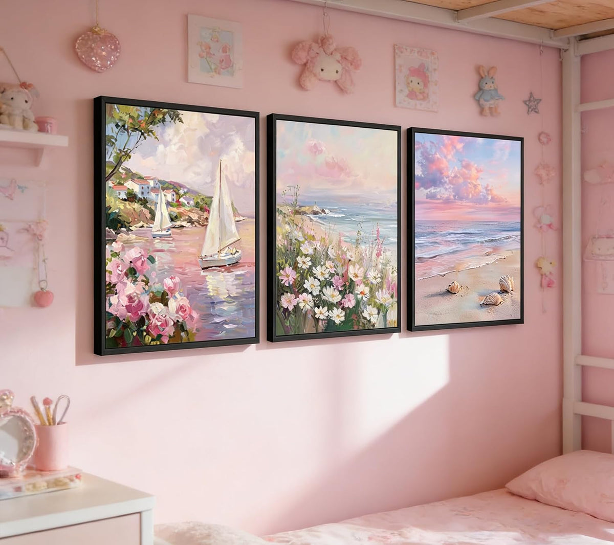 3Pcs 3D Textured Pastel Coastal Canvas Wall Art, Pink Beach Flower Posters Print Artwork, Preppy Summer Beach Painting Pictures Wall Decor, for Girls Dorm Apartment Home Decoration 12x16in Unframed