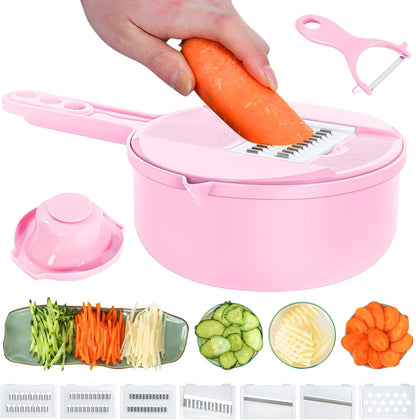 Multifunction mandoline slicer;vegetable chopper;vegetable slicer;food slicer;food chopper;chopper container;onion chopper;mandoline food slicer;vegetable cutter;chopping artifact (pink, 9 in 1)