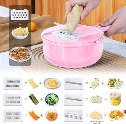 Multifunction mandoline slicer;vegetable chopper;vegetable slicer;food slicer;food chopper;chopper container;onion chopper;mandoline food slicer;vegetable cutter;chopping artifact (pink, 9 in 1)