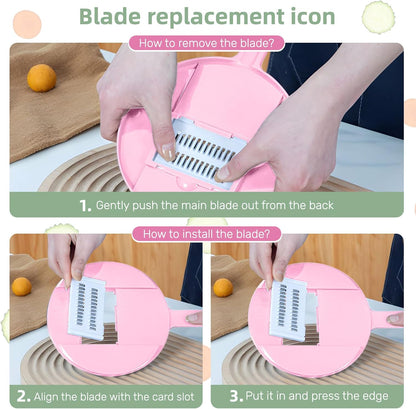 Multifunction mandoline slicer;vegetable chopper;vegetable slicer;food slicer;food chopper;chopper container;onion chopper;mandoline food slicer;vegetable cutter;chopping artifact (pink, 9 in 1)