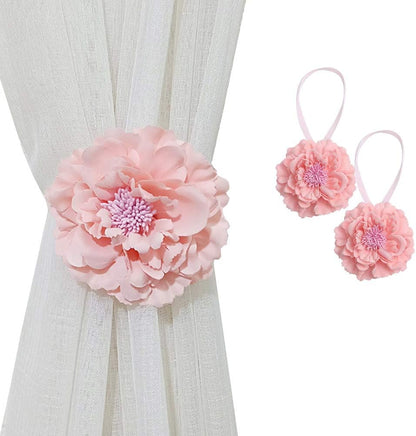 2 Piece Large Cloth Flower Magnetic Curtain Tieback Wedding Decorative Holdbacks Rope American Rustic Style Drapery Holder Clip for Girl's Room (Pink)