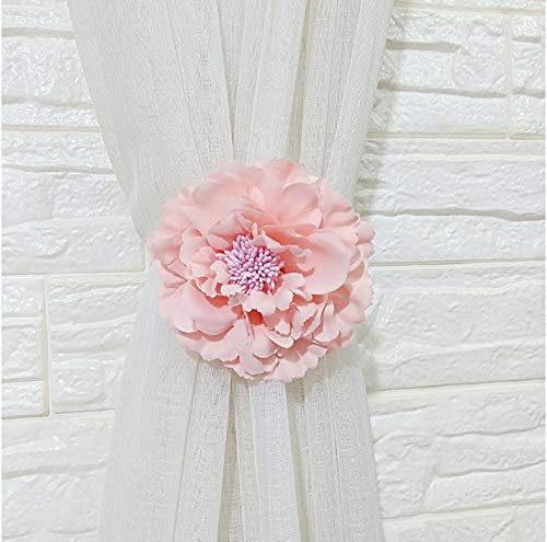 2 Piece Large Cloth Flower Magnetic Curtain Tieback Wedding Decorative Holdbacks Rope American Rustic Style Drapery Holder Clip for Girl's Room (Pink)