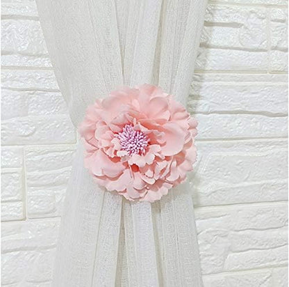 2 Piece Large Cloth Flower Magnetic Curtain Tieback Wedding Decorative Holdbacks Rope American Rustic Style Drapery Holder Clip for Girl's Room (Pink)
