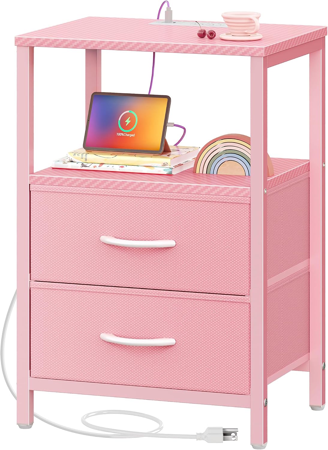 Nightstand with Charging Station, Side Table with Fabric Drawers