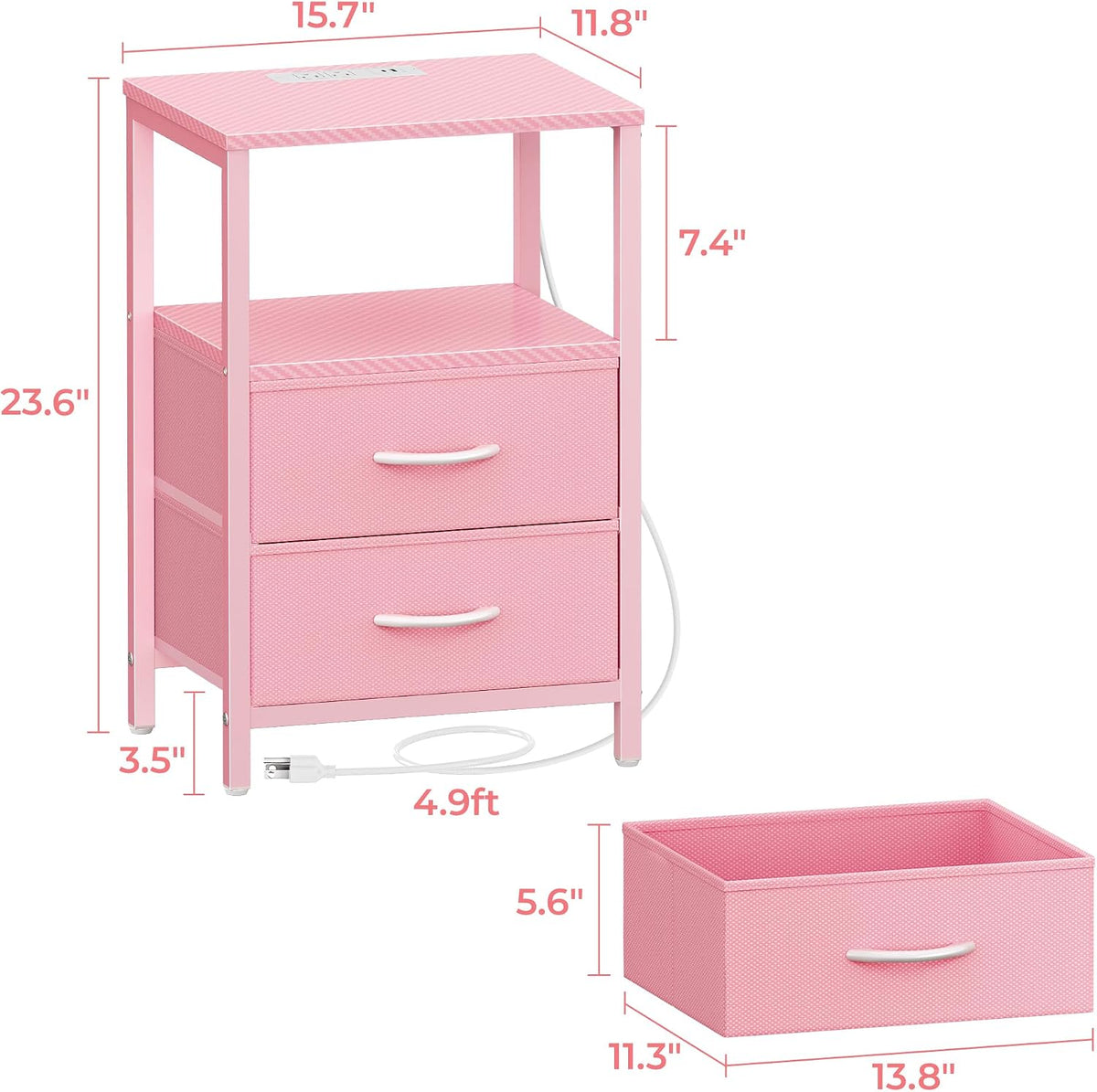 Nightstand with Charging Station, Side Table with Fabric Drawers