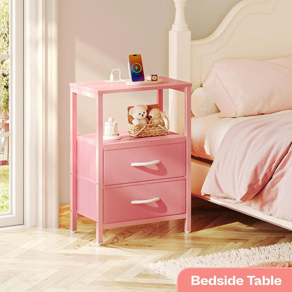 Nightstand with Charging Station, Side Table with Fabric Drawers